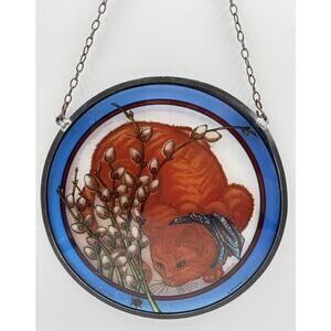 Vtg Glassmasters Cat Suncatcher Art Stain Glass 8.5" Orange Tabby Ladybug 1978